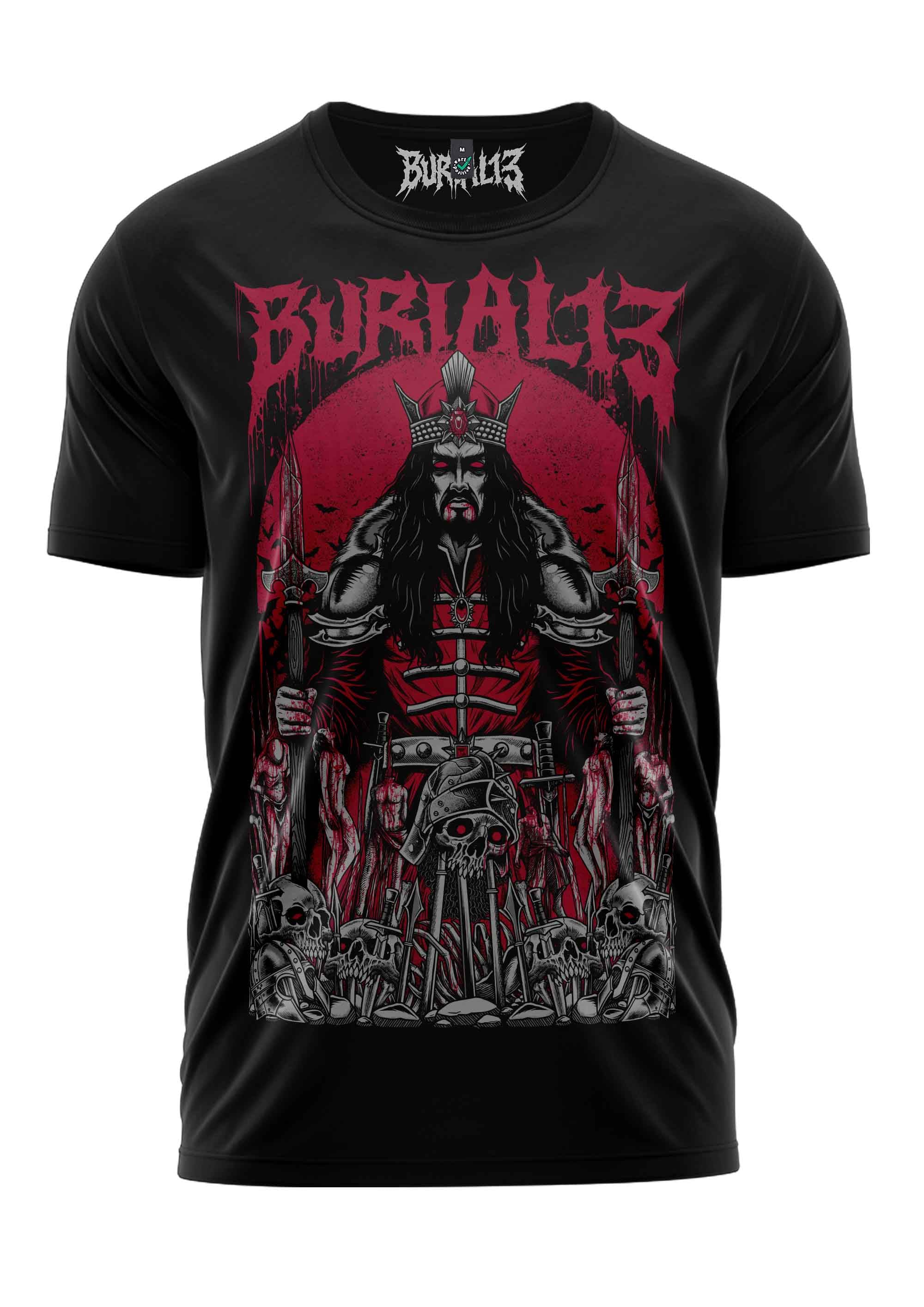 Schwarzes T-Shirt mit Samurai-Design in Rot und Grau, das die Marke „burial13“ prominent anzeigt.